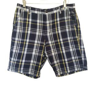 Chaps Flat Front Shorts Mens Size 36 Blue Yellow White Plaid 100% Cotton